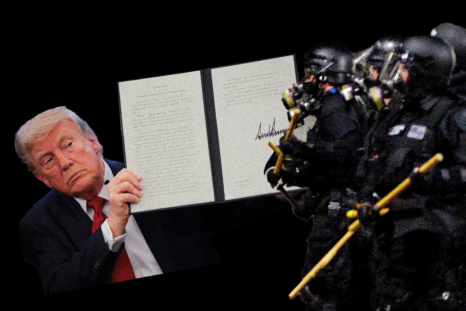 Trump holding up an executive order, a squad of heavily armed police.
