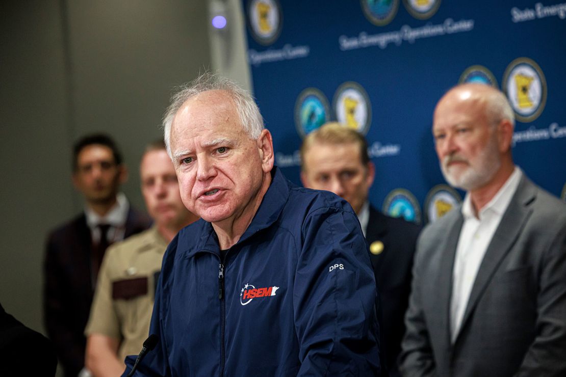 Gov. Tim Walz speaks during a press conference in Blaine, Minnesota following the arrest of Vance Boelter on Sunday.