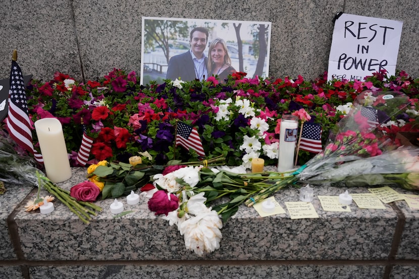 A memorial for Minnesota state Rep. Melissa Hortman and her husband, Mark, is seen at the...