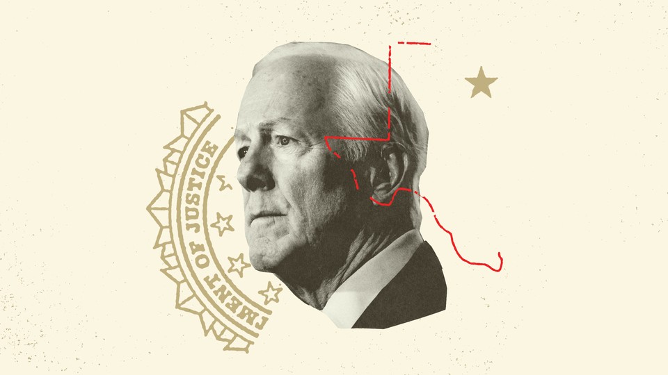 Collage of Senator John Cornyn, the Department of Justice seal, a partial outline of Texas, and a lone star