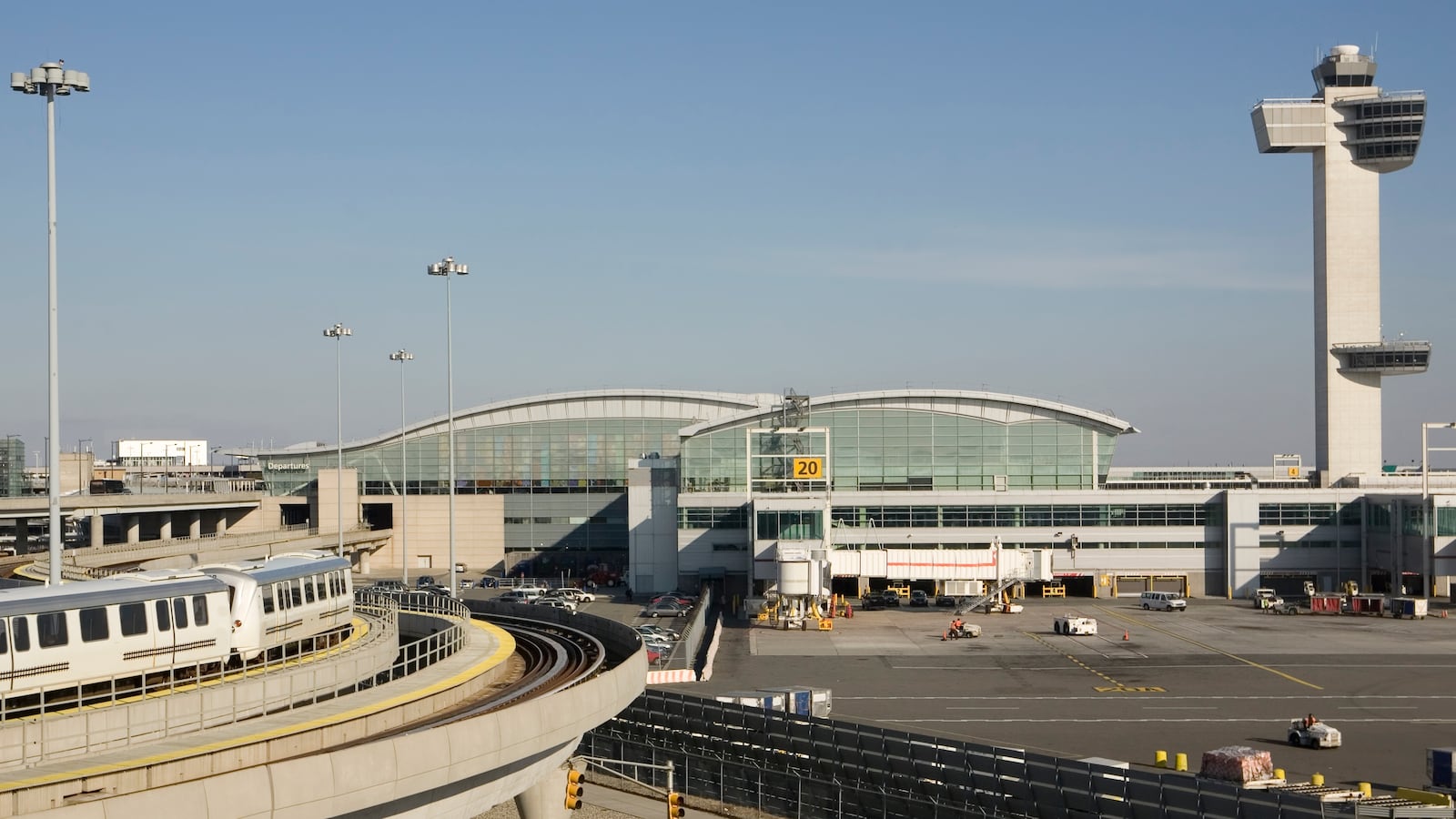International terminal, train, and control tower at New York's Kennedy Airport