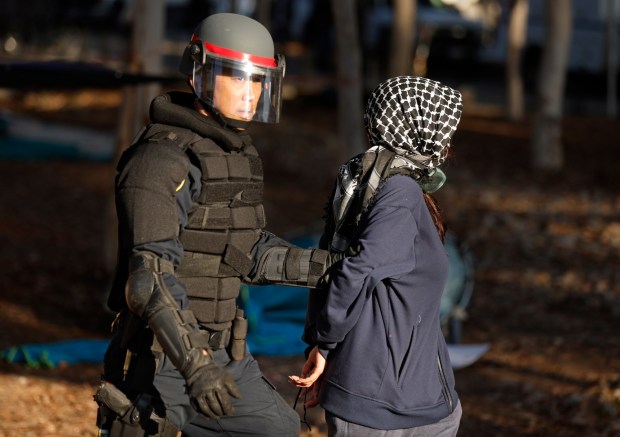 A pro-Palestinian protester is arrested at an encampment at UC San Diego on May 6, 2024. (K.C. Alfred / The San Diego Union-Tribune)