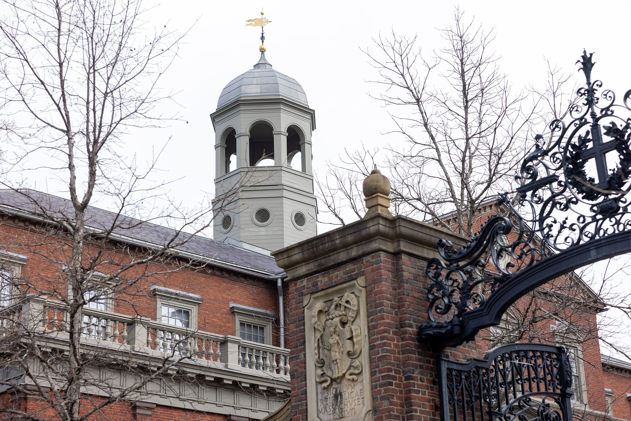 A tower on one of the Harvard University buildings in Cambridge, Massachusetts, on April 15, 2025.