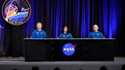 Astronauts Nick Hague, Suni Williams, and Butch Wilmore talk to reporters during a press conference at Johnson Space Center on Monday, March 31, 2025, in Houston. (AP Photo/Ashley Landis)