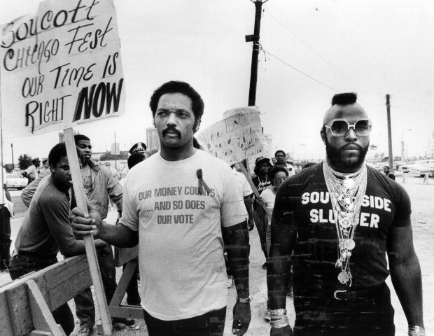 Rev. Jesse Jackson, left, and Mr. T protest ChicagoFest in August 1982. (Walter Kale/Chicago Tribune)