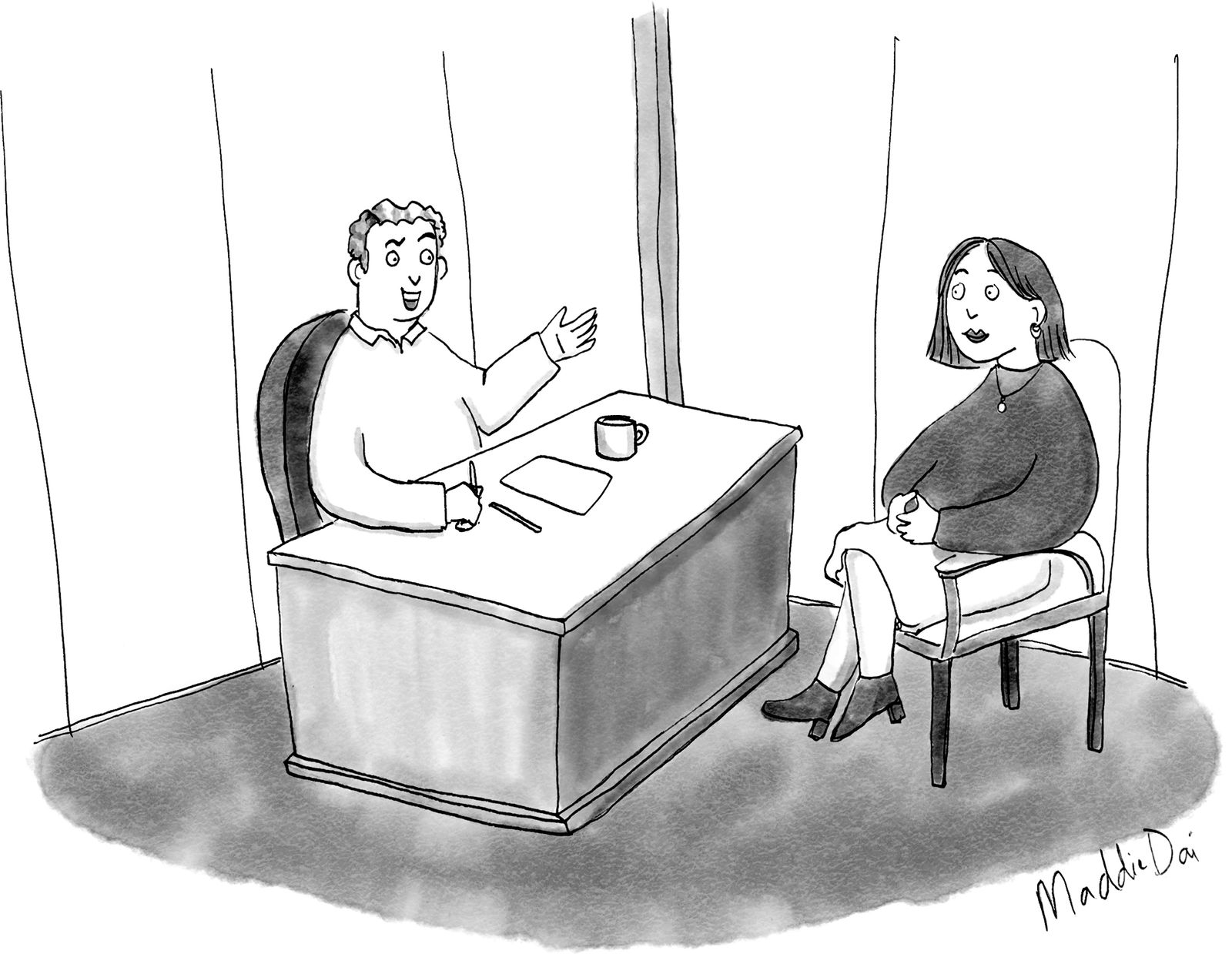 Man talking to woman in private office meeting.