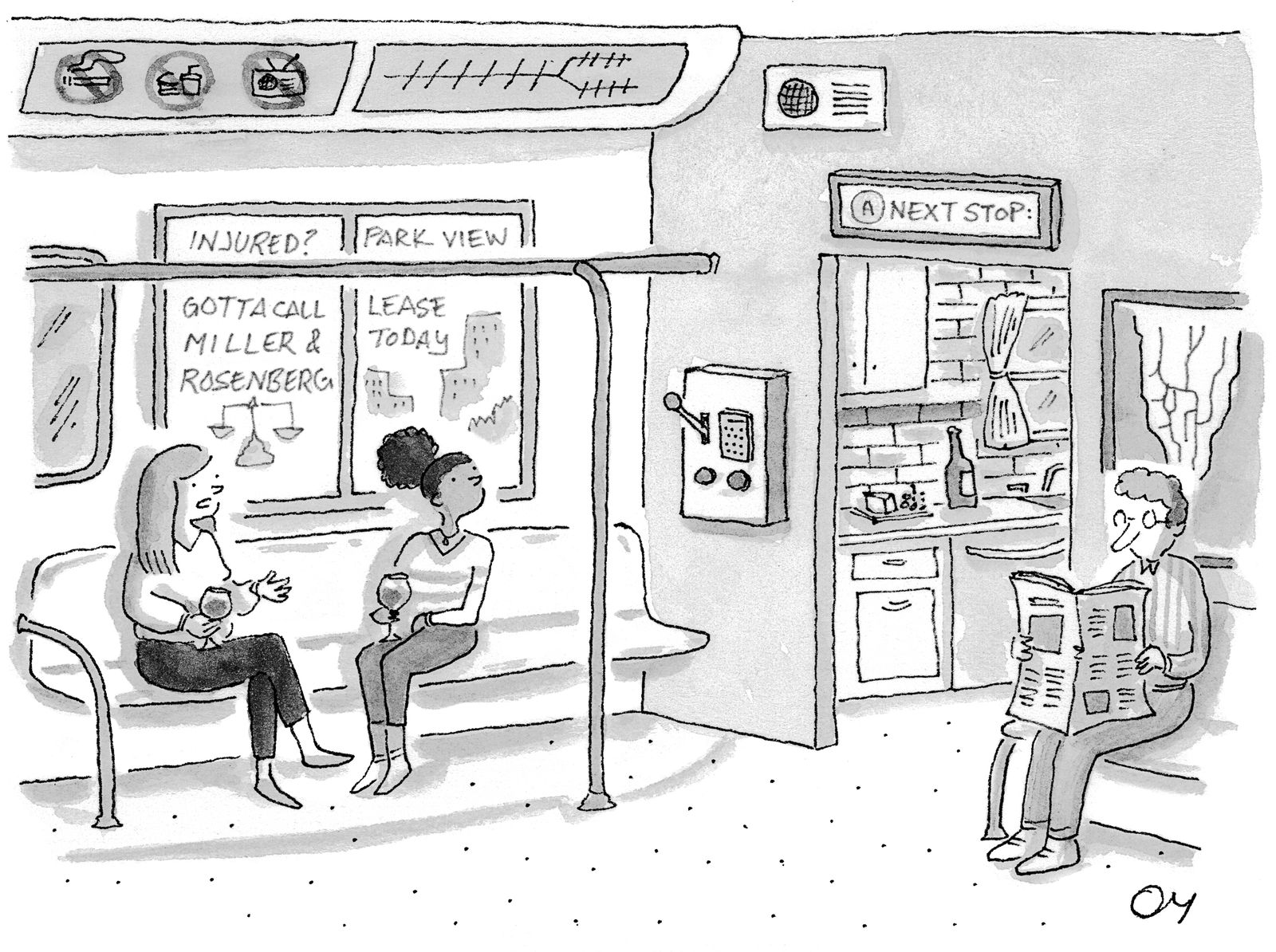 Two women sitting in home that looks like the subway.