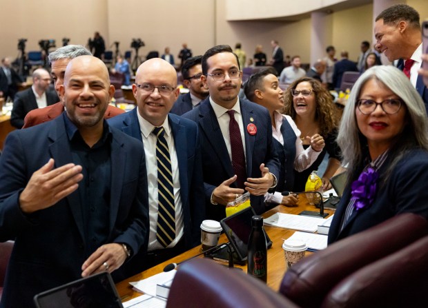 Progressive Caucus members gather Oct. 16, 2025, in City Council chambers after Mayor Brandon Johnson delivered his budget address at Chicago City Hall. (Brian Cassella/Chicago Tribune)
