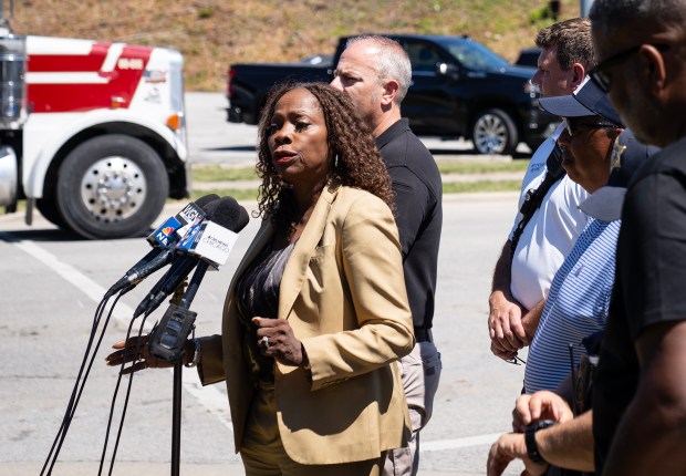 Village of Matteson President Sheila Chalmers-Currin and village leaders brief the media on a Canadian National freight train derailment, June 27, 2024. (E. Jason Wambsgans/Chicago Tribune)