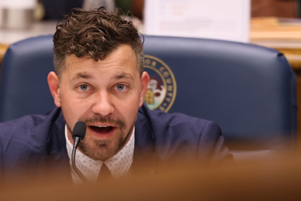 Cook County commissioner Kevin Morrison speaks during a Cook County Board meeting in Chicago on May 15, 2025. (Antonio Perez/Chicago Tribune)