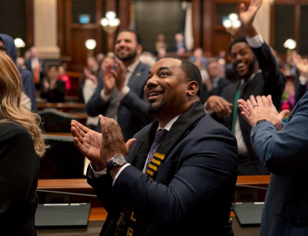 State Sen. Willie Preston applauds invited guests as Gov. JB Pritzker delivers his State of the State and budget address before the General Assembly at the Illinois State Capitol, Feb. 21, 2024. (Brian Cassella/Chicago Tribune)