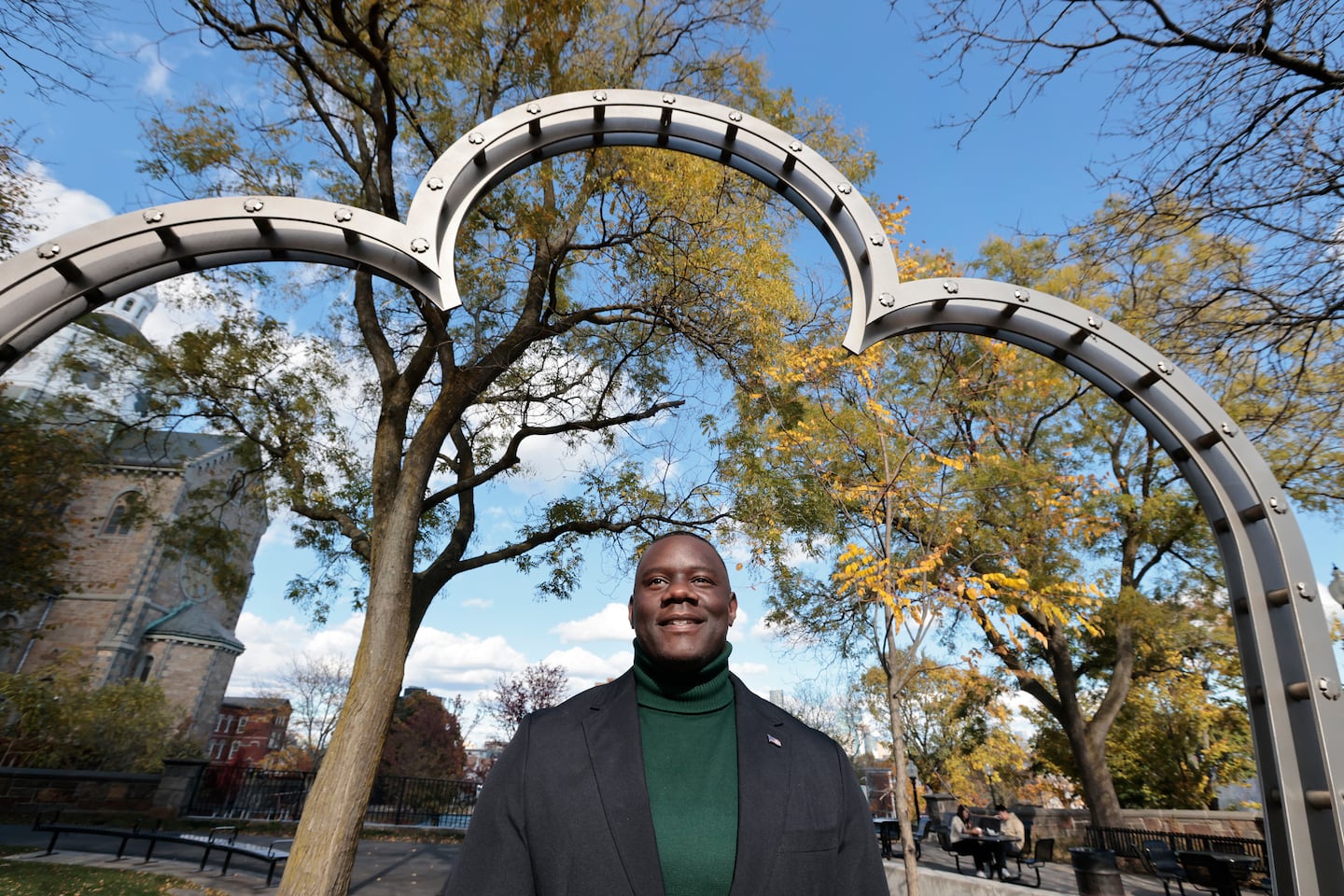 Boston, MA October 26 Will Onuoha, a candidate for Boston City Council at-large, is photographed in Boston, MA on Sunday October 26, 2025, near the Basilica of Our Lady of Perpetual Help, also known as The Mission Church. (Pat Greenhouse/ The Boston Globe Staff) 