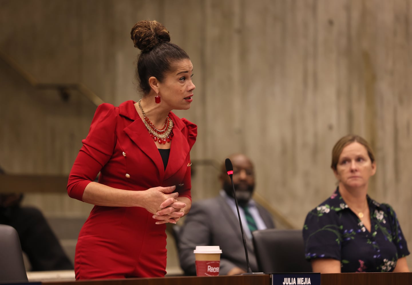 Boston City Councilor Julia Mejia spoke during a meeting in city hall i 2022.