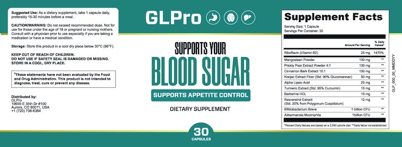 GLP Pro Supplement Facts Ingredients Label