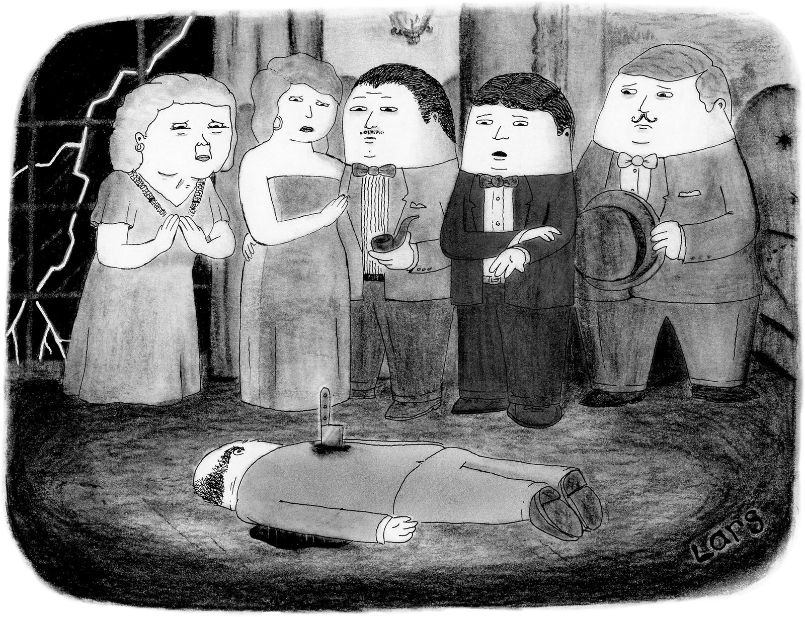 Five people looking at dead man lying on the ground with a knife in his back.