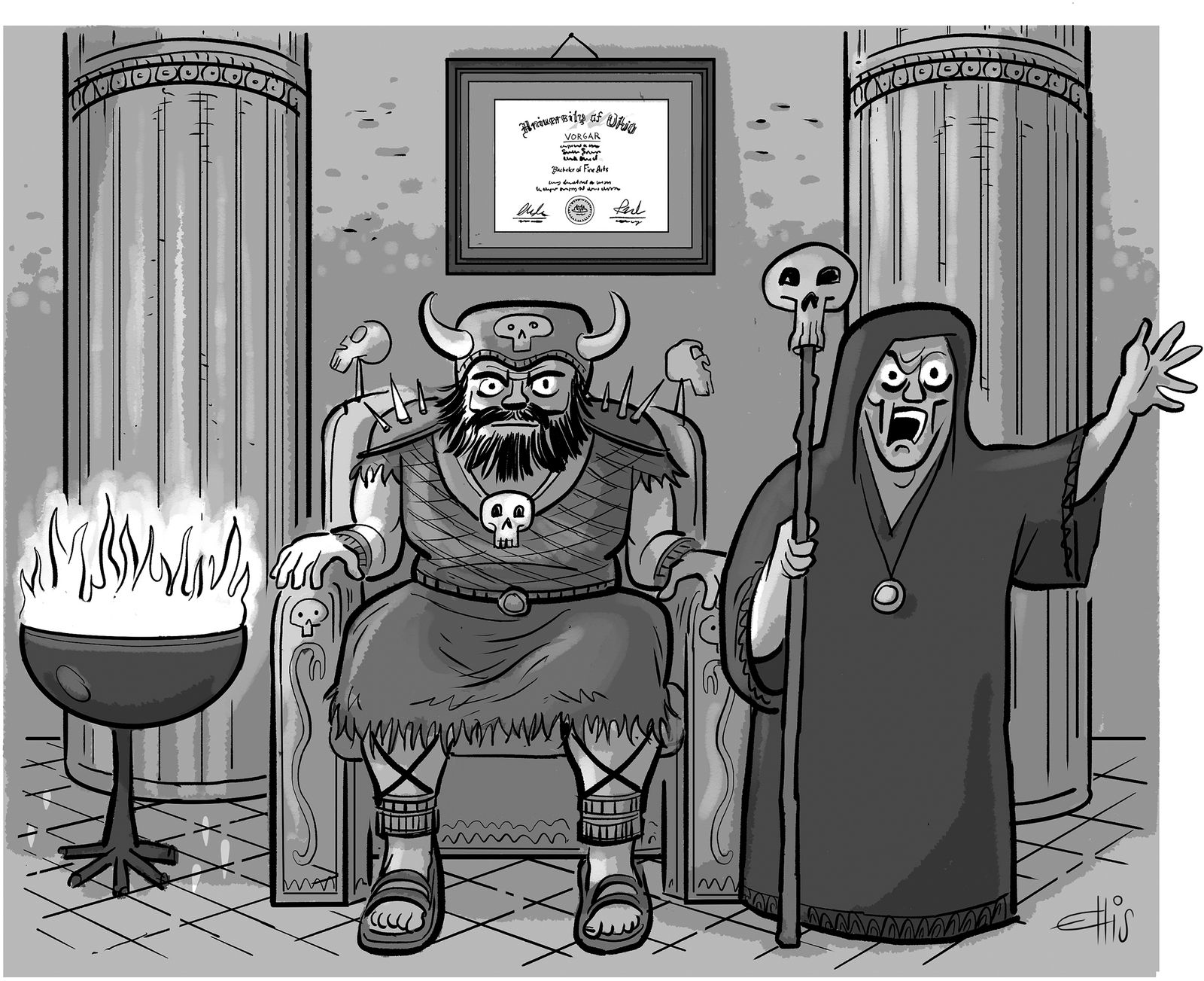 Ancient warrior sitting below his Bachelor degree diploma.