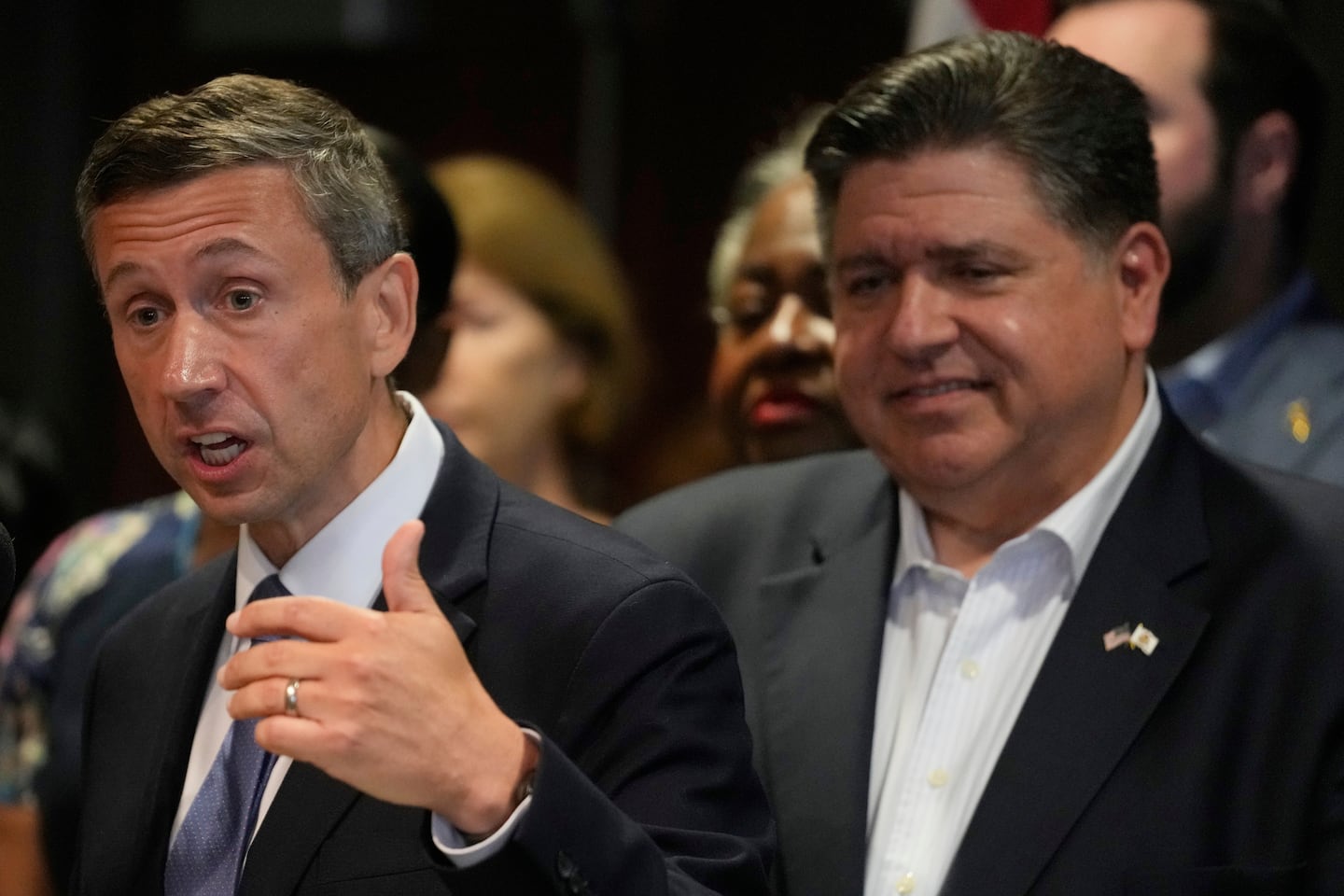 DNC Chairman Ken Martin spoke as Illinois Governor JB Pritzker looked on during a news conference in Aurora, Ill., on August 5.