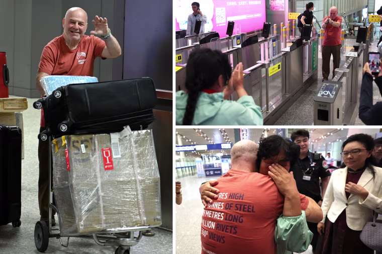 Sakolsky bids farewell to Yin at Beijing Capital International Airport as he concludes his trip, right, and arrives back in Washington on Sept. 1, left.
