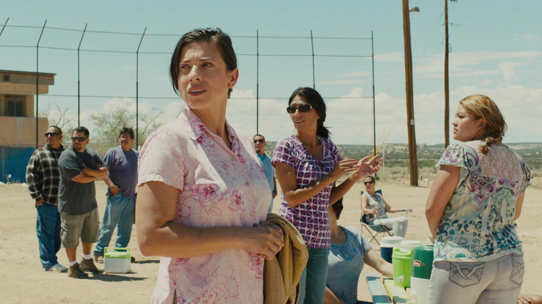 Silvio's widow reacts to the sound of gunfire in Sicario