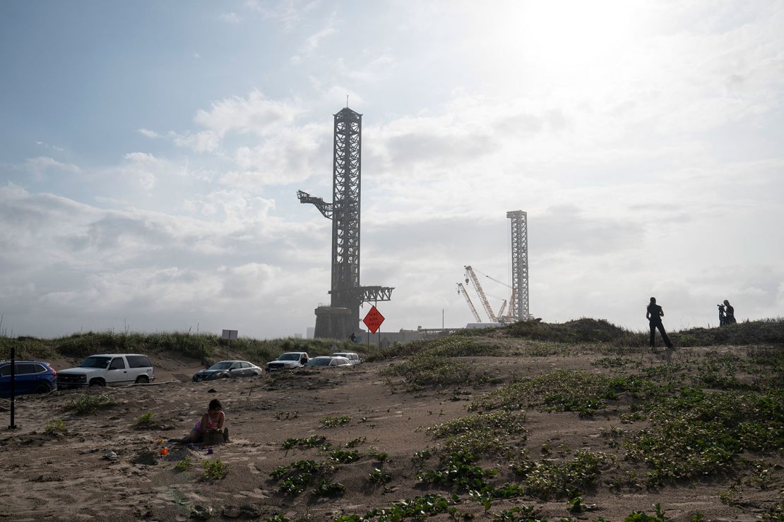 The SpaceX launchpad is seen from Boca Chica Beach in Brownsville, Texas, on May 3.