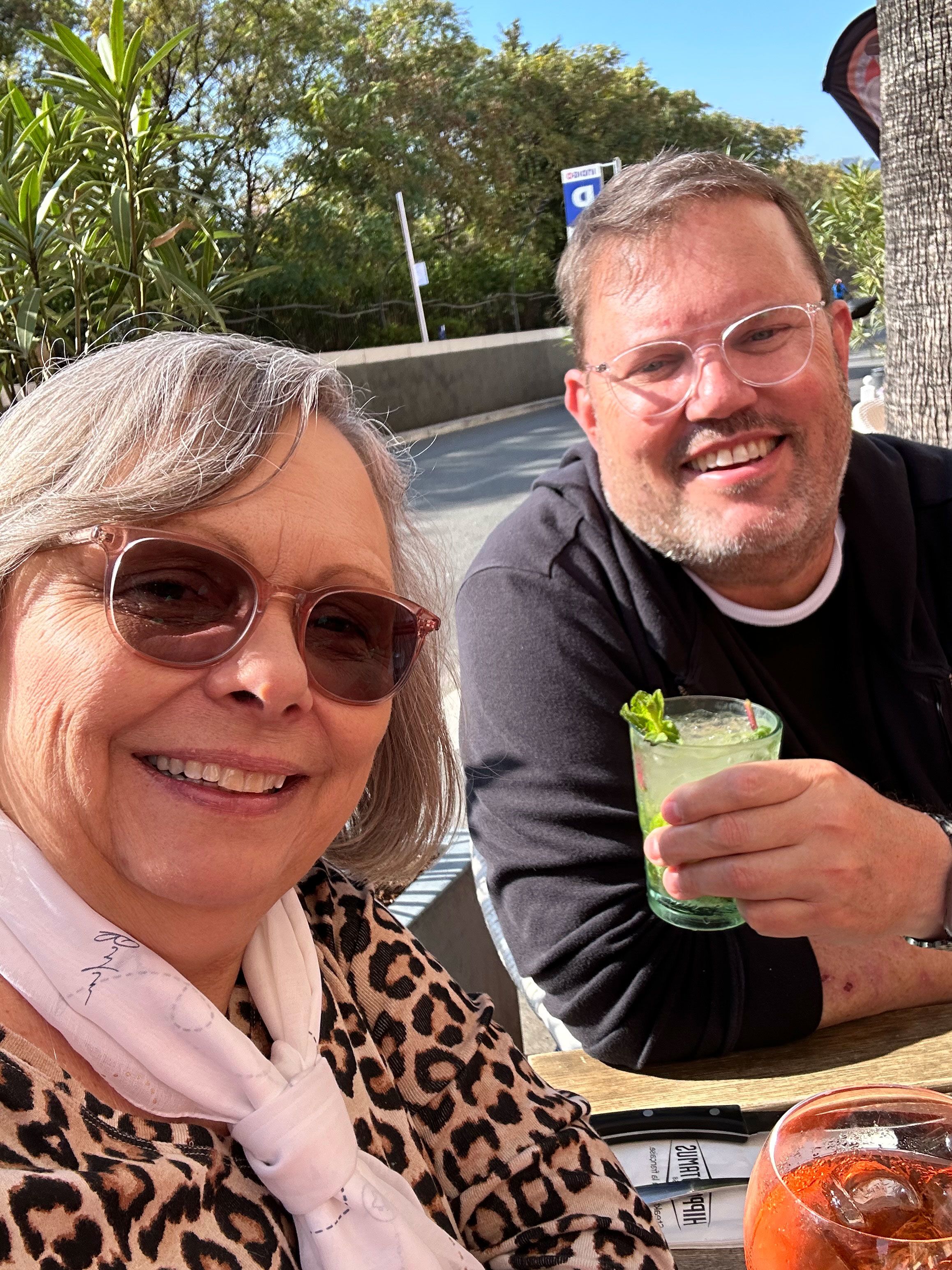 Pennie and Geoff enjoy the sunshine at the Promenade du Paillon in Nice.