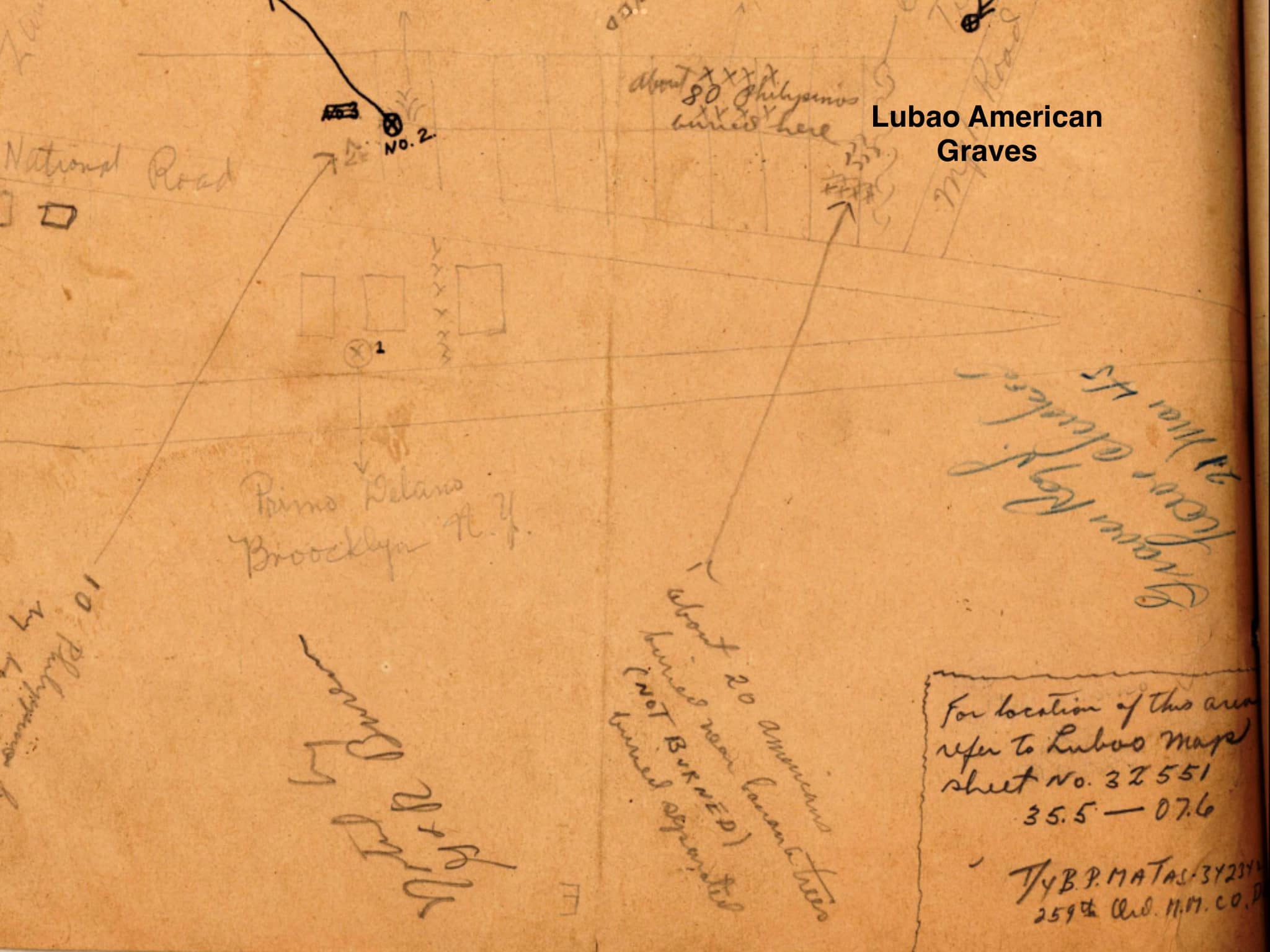 A hand-drawn map made. by a solider in 1945 marking graves of American soldiers in the Philippines.