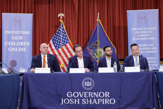 Attorney General Dave Sunday, Gov. Josh Shapiro, Secretary of Policy and Planning Akbar Hossain, and state Rep. Chris Pielli take part in an AI roundtable discussion at the West Chester Community Center on Thursday. (Photo provided by Commonwealth Media Services)