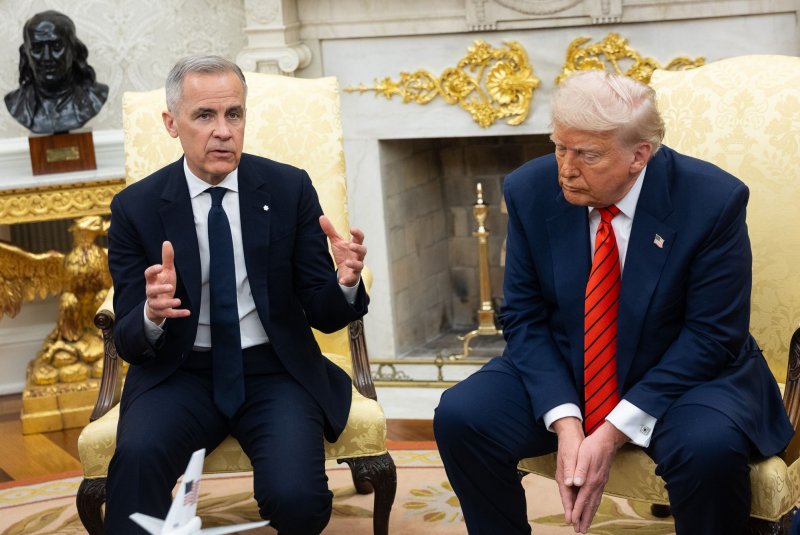 Canadian Prime Minister Mark Carney (L) meets with U.S. President Donald Trump in the Oval Office at the White House on Tuesday. Photo by Francis Chung/UPI Canadian Prime Minister Mark Carney (L) meets with U.S. President Donald Trump in the Oval Office at the White House on Tuesday. Photo by Francis Chung/UPI