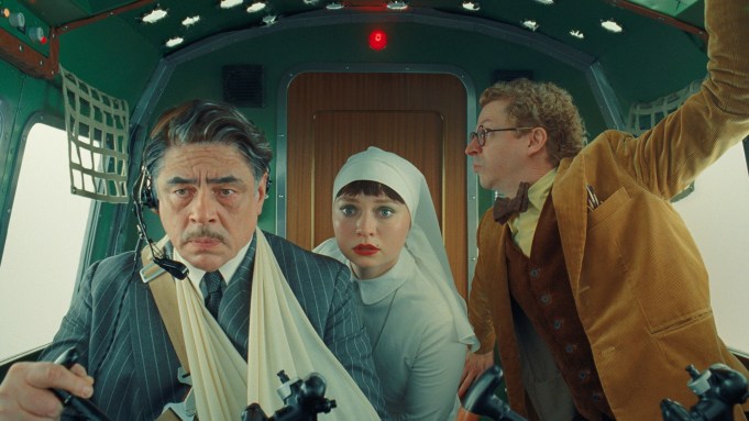 L-R: Benicio Del Toro, Mia Threapleton and Michael Cera in 'The Phoenician Scheme'