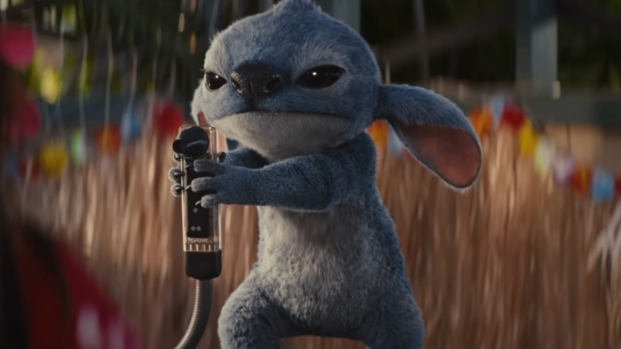 Stitch stands defiantly holding a soda gun in Lilo &amp; Stitch.