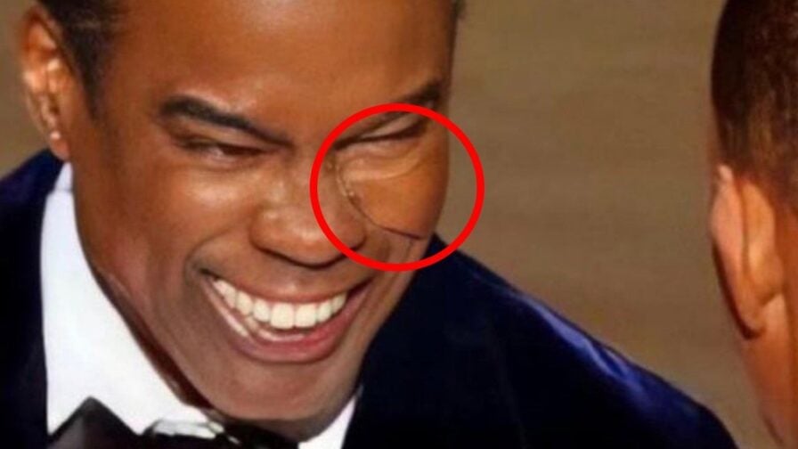 Image likely enhanced by AI of Chris Rock from March 2022 that added a weird fold to his skin.