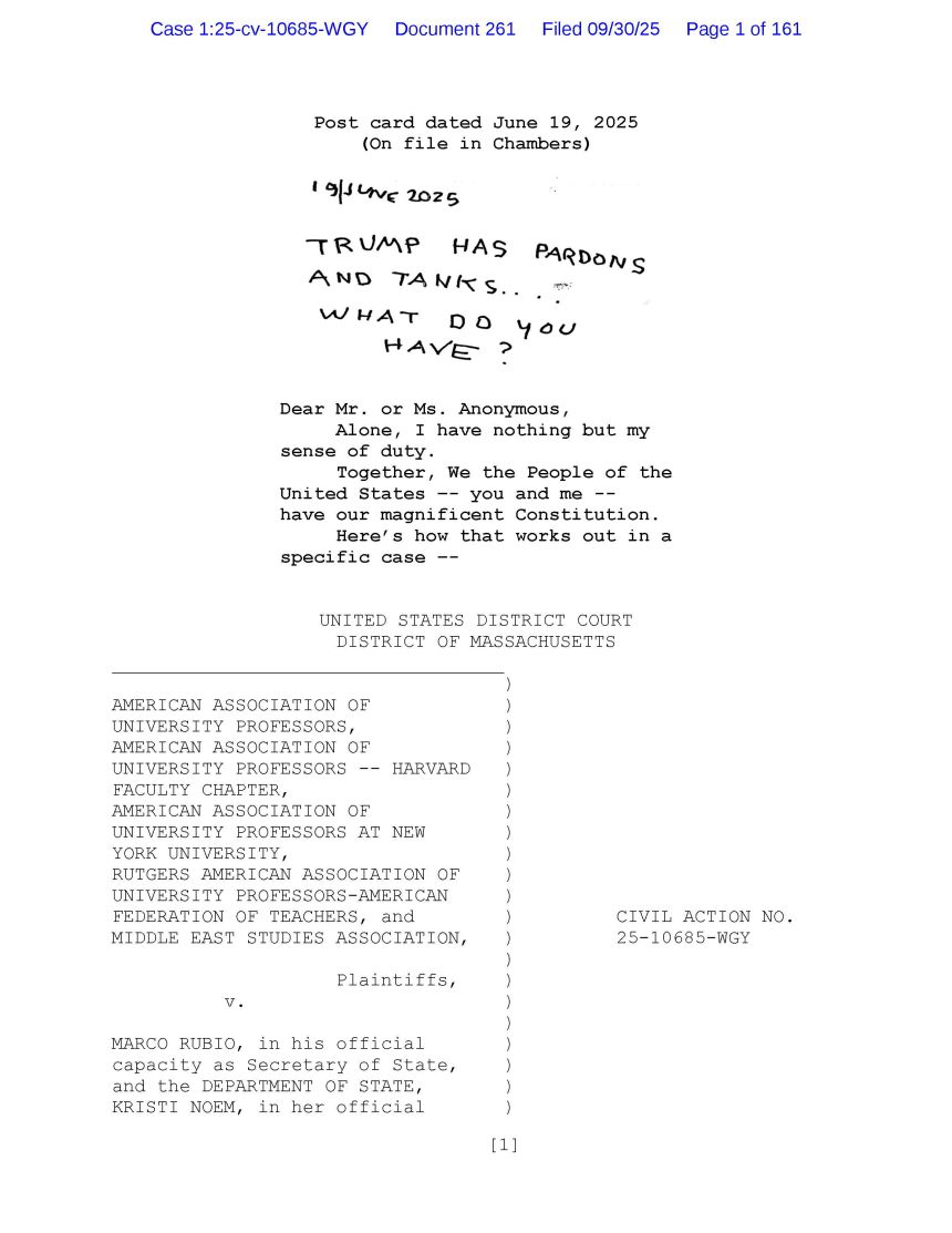 This page from Judge William G. Young’s opinion rebuking the Trump administration’s chilling of political speech, released on September 30, 2025, shows a copy of a postcard sent to Young, and his response.