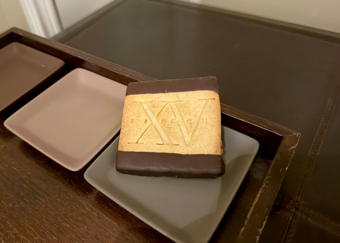 Chocolate-dipped shortbread cookies await guests in their rooms at XV Beacon hotel in Boston.