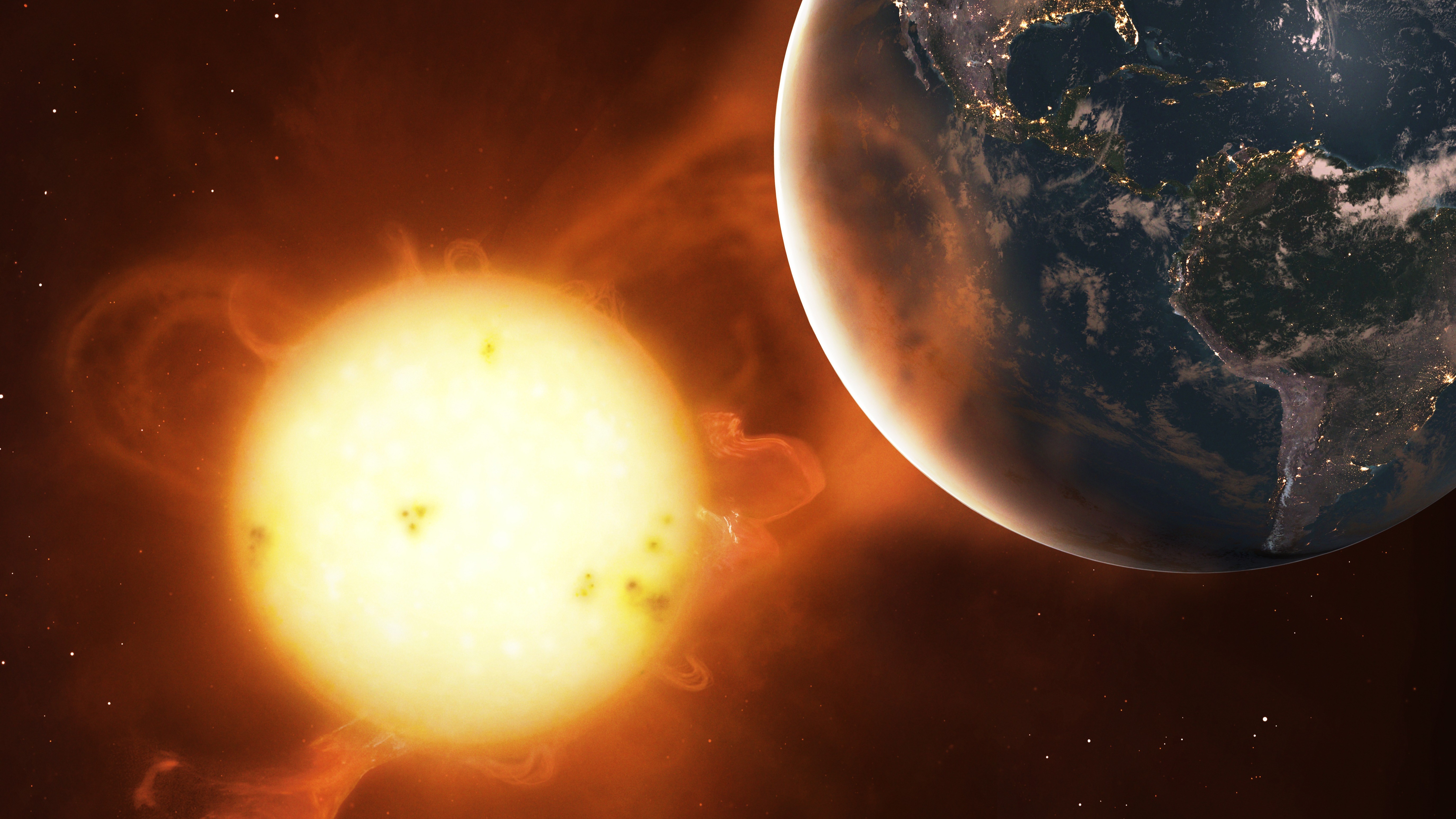 graphic illustration of the sun and earth in close proximity conveying space weather impacts on Earth. with large solar flares reaching out planet.