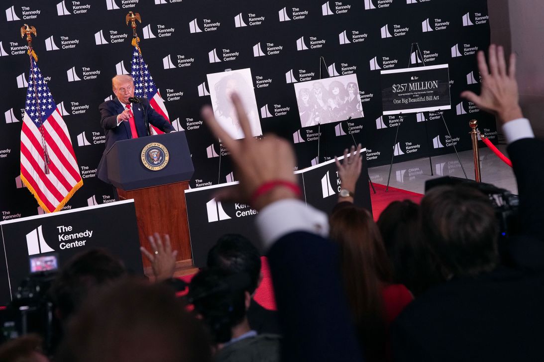 President Donald Trump takes questions from reporters after announcing the Kennedy Center honorees, at the Kennedy Center in Washington, DC, on August 13.