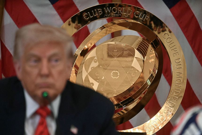 President Donald Trump attends a meeting of the White House Task Force on the FIFA World Cup 2026, in the East Room of the White House on May 6.