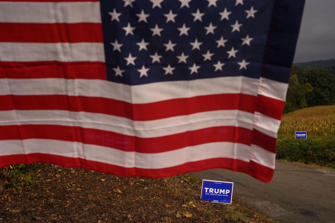 Campaign signs for President Donald Trump and an American flag are seen at a farm in Smithton, Pennsylvania, in September 2024. Compared to 1995, today